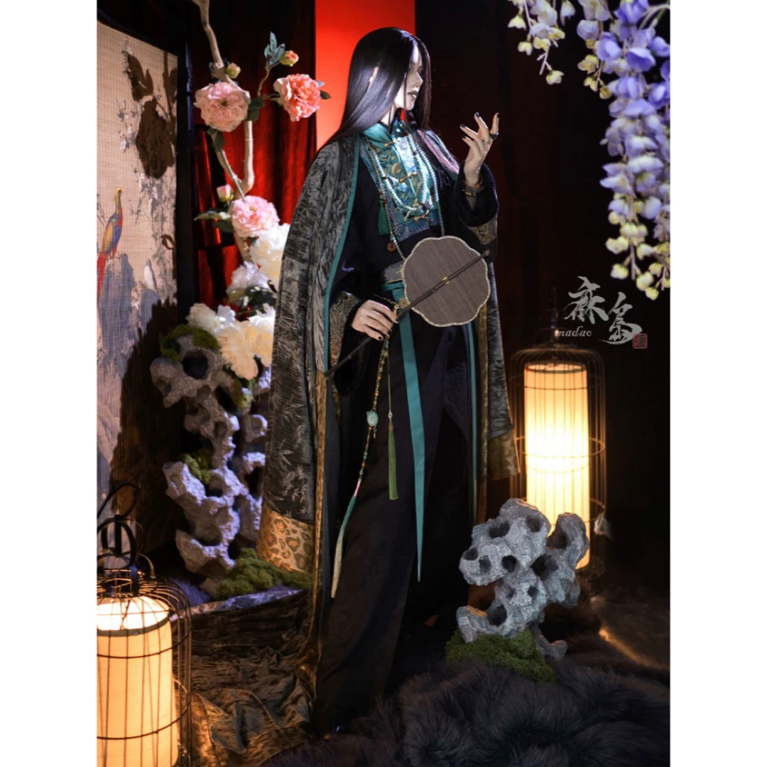 【超安い】 雀翎 - OZZON 刺繍暗紋長衫戰國袍 中華風 緑黒茶色漢服4点セット コスプレ衣装