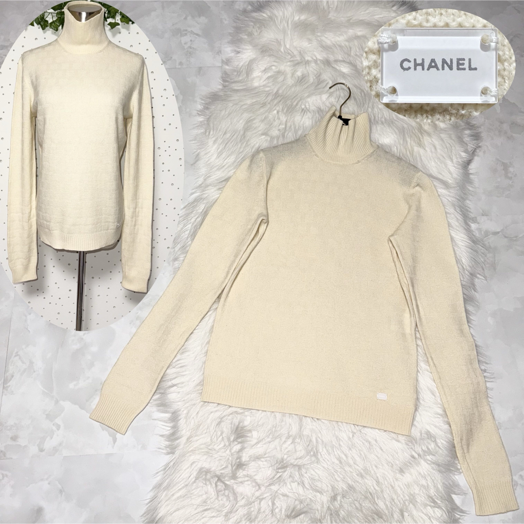 CHANEL - 本物 シャネル リブ切替 カシミヤ ハイネック 長袖 CHANEL - 本物 シャネル リブ切替 カシミヤ ハイネック 長袖
