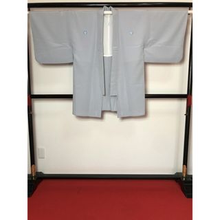 【中古】 Sサイズ 紋付着物 男物 化繊 袴下丈 単衣 色無地 洒落紋 五つ紋 ブルーグレー 洗える着物 (着物)