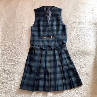 なんちゃって制服 プリーツスカート ベスト ジレ セットアップ くすみブルー(ミニスカート)