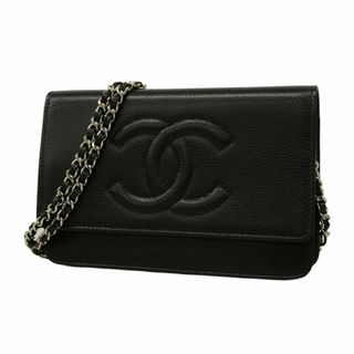 CHANEL - 【5bd3831】シャネル ショルダーウォレット チェーンショルダー キャビアスキン ブラック シルバー金具【中古】レディース