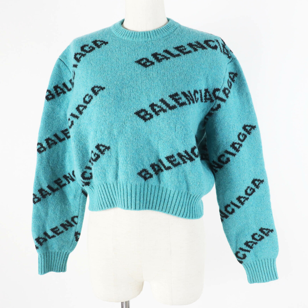 BALENCIAGA - 美品◎BALENCIAGA バレンシアガ 529208 ウール ジャガードロゴ クロップド丈 長袖 ニット プルオーバー グリーン 34 イタリア製 正規品 レディース