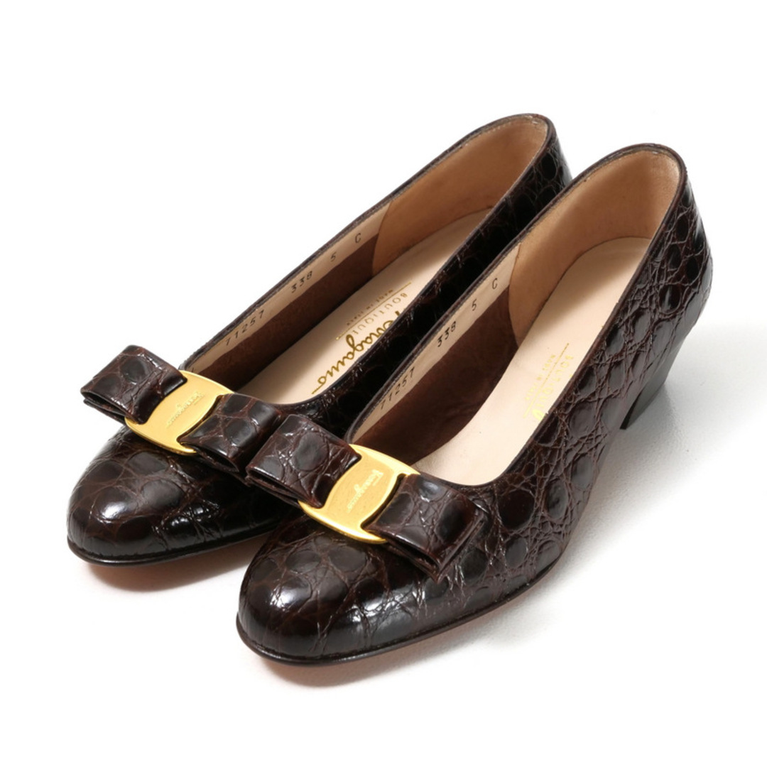 Salvatore Ferragamo - ■未使用品■Salvatore Ferragamo サルヴァトーレフェラガモ デッドストック ヴィンテージ パンプス サイズ5C ヴァラリボン クロコ型押しレザー 靴 イタリア製 20250224/RA3543