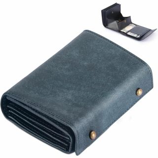 二つ折り財布 メンズ 財布 ネイビー　箱型小銭入れ　イタリアンレザー(折り財布)