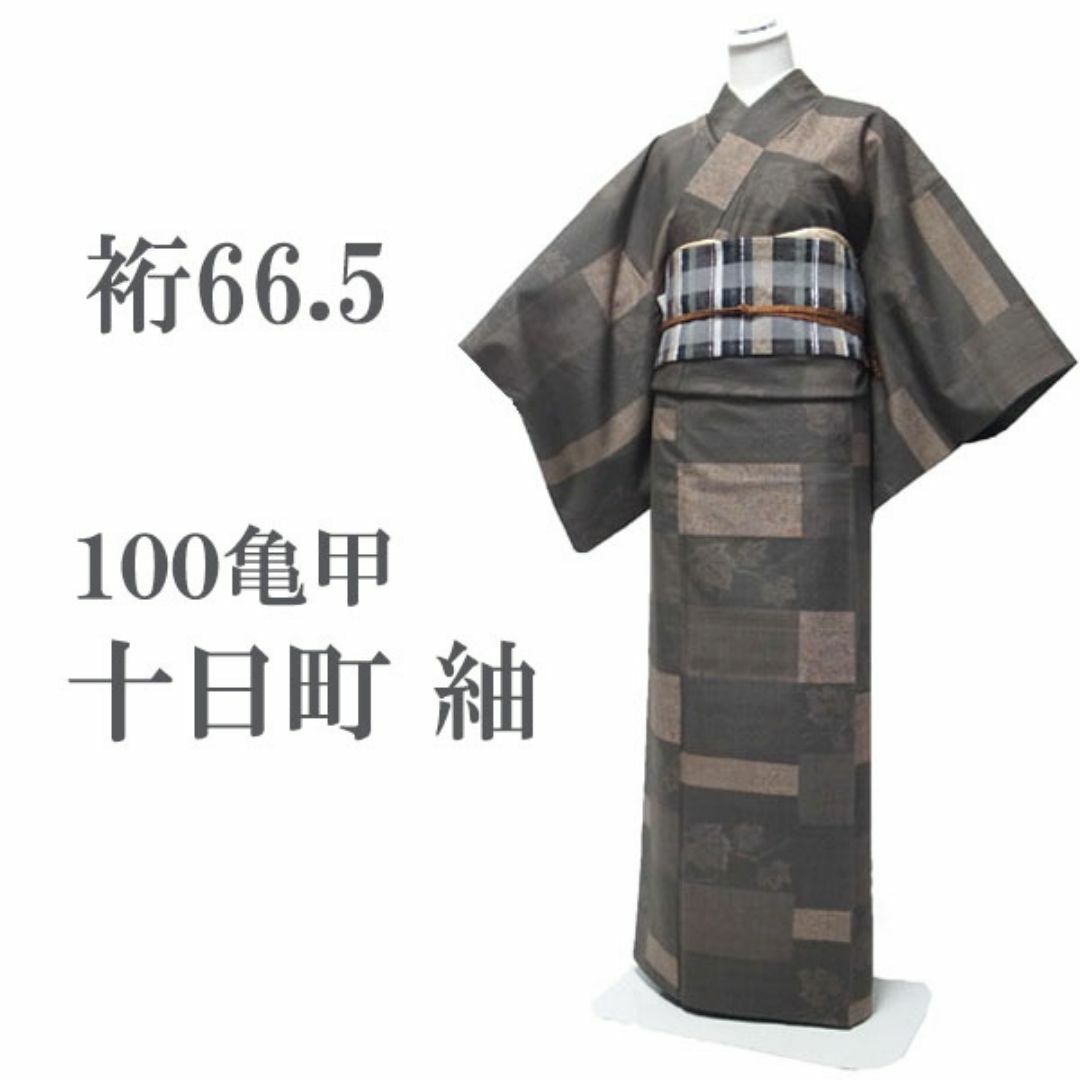 紬 着物 十日町 100亀甲 高級 織りと染め 裄66.5 Ｌ 中古 sn887