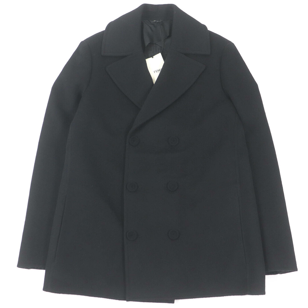 FENDI - 未使用品□FENDI フェンディ 2022年製 FF0709 ウール シルク 裏地FFロゴ ズッカ 総柄 ダブルブレストジャケット ピーコート ブラック 48 イタリア製 正規品 メンズ
