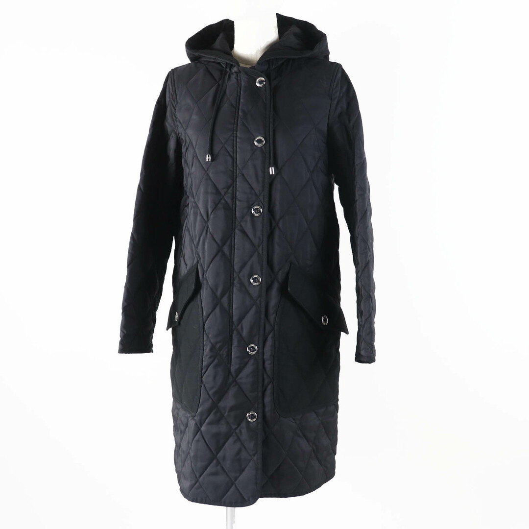 BURBERRY - 極美品◎BURBERRY バーバリー 8035506 ダイヤモンドキルティング 裏ノバチェック柄 フード付き ロングコート ブラック XS 正規品 レディース