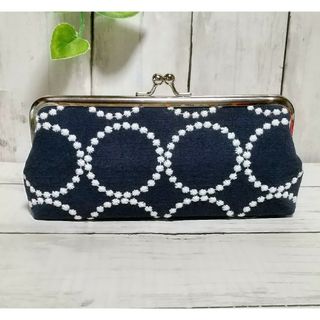 刺繍 ドット 水玉 紺 角型がま口 メガネケース ペンケース 小物入れ 多目的(ポーチ)