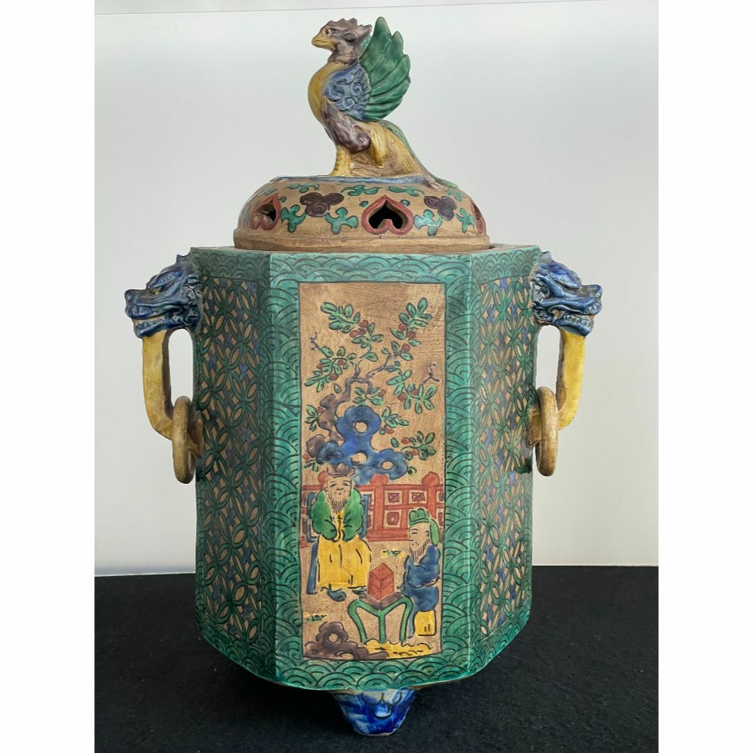 希少 古九谷 青九谷 青手 香炉 角福 1800年 香炉 鳳凰 獅子 吉田屋