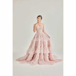 人気上昇！カラードレス ピンク 柔らかく重ねたチュールスカート 編み上げ(ウェディングドレス)