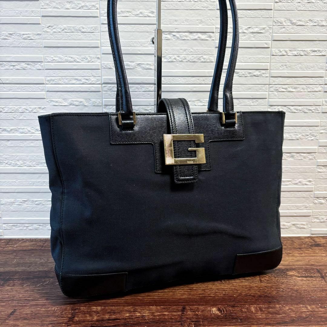 GUCCI - グッチ キャンバス×レザー Gロゴ ハンド トート バッグ ゴールド金具 黒.