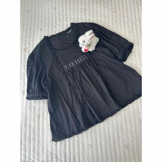ピンクハウスブラウス半袖綿ローンロゴ刺繍黒ピコフリル ピンクハウスブラウス半袖綿ローンロゴ刺繍黒ピコフリル