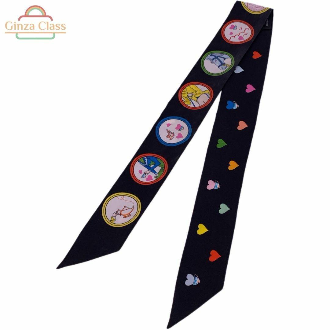 HERMES - 【中古】HERMES エルメス ツイリー「ティータイム」TEA TIME シルク100% ブラック マルチカラー スカーフ 送料無料 ginzaclass