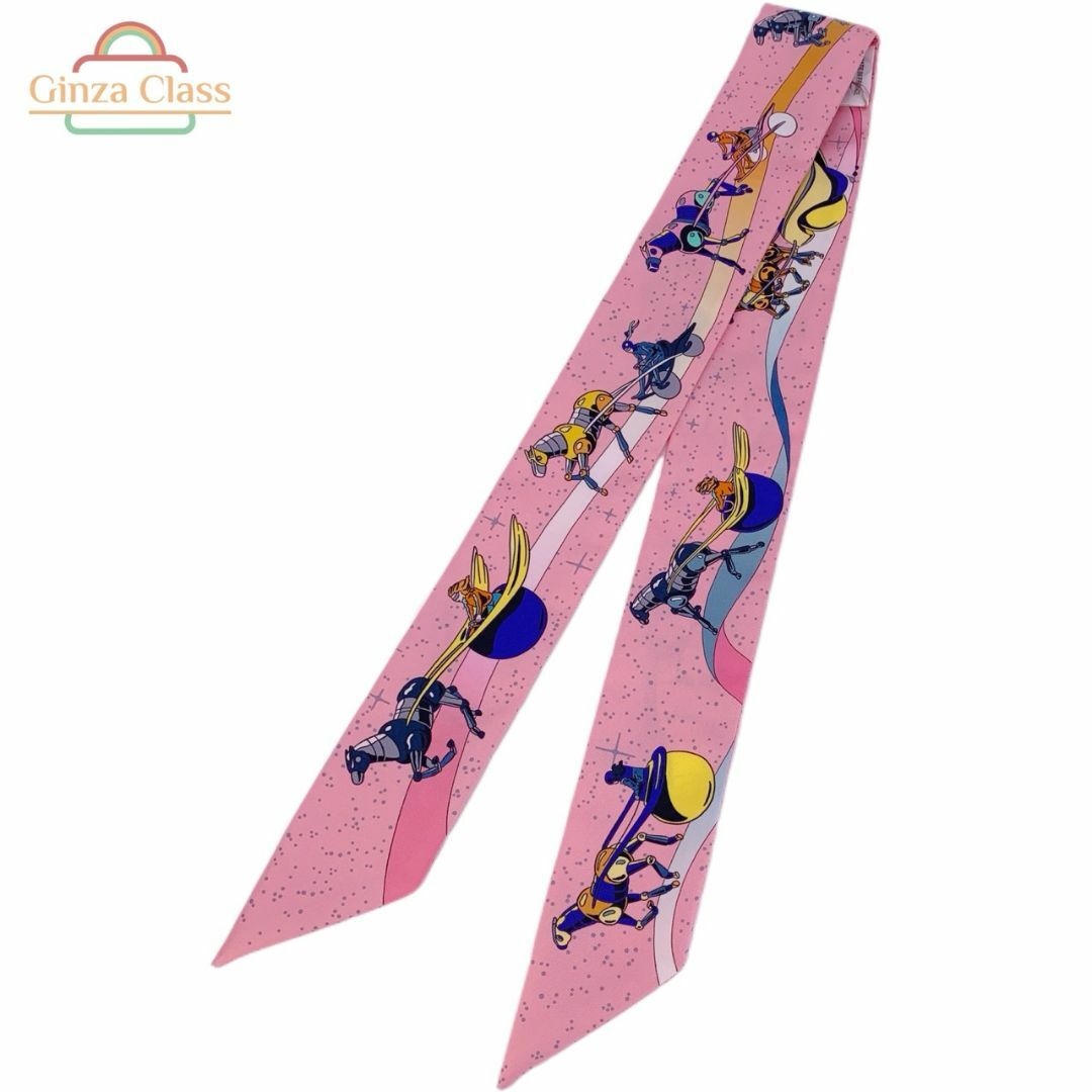 HERMES - 【新品未使用】HERMES エルメス ツイリー「スペースダービー」SPACE DERBY シルク100% ローズ/ジョーヌ/ブルー マルチカラー スカーフ バッグ小物 送料無料 ginzaclass