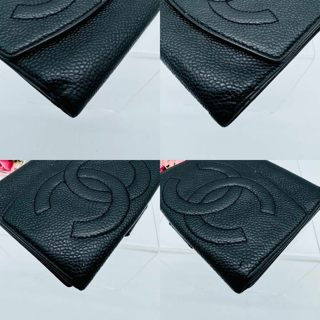 CHANEL シャネル 二つ折り財布 黒 レザー キャビアスキン 296 CHANEL シャネル 二つ折り財布 黒 レザー キャビアスキン 296