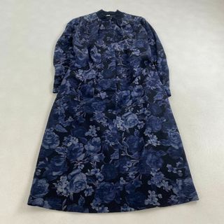 ワンピース　花柄　黒　紺　長袖　ウール　希少シルエット　11号　L(ロングワンピース/マキシワンピース)