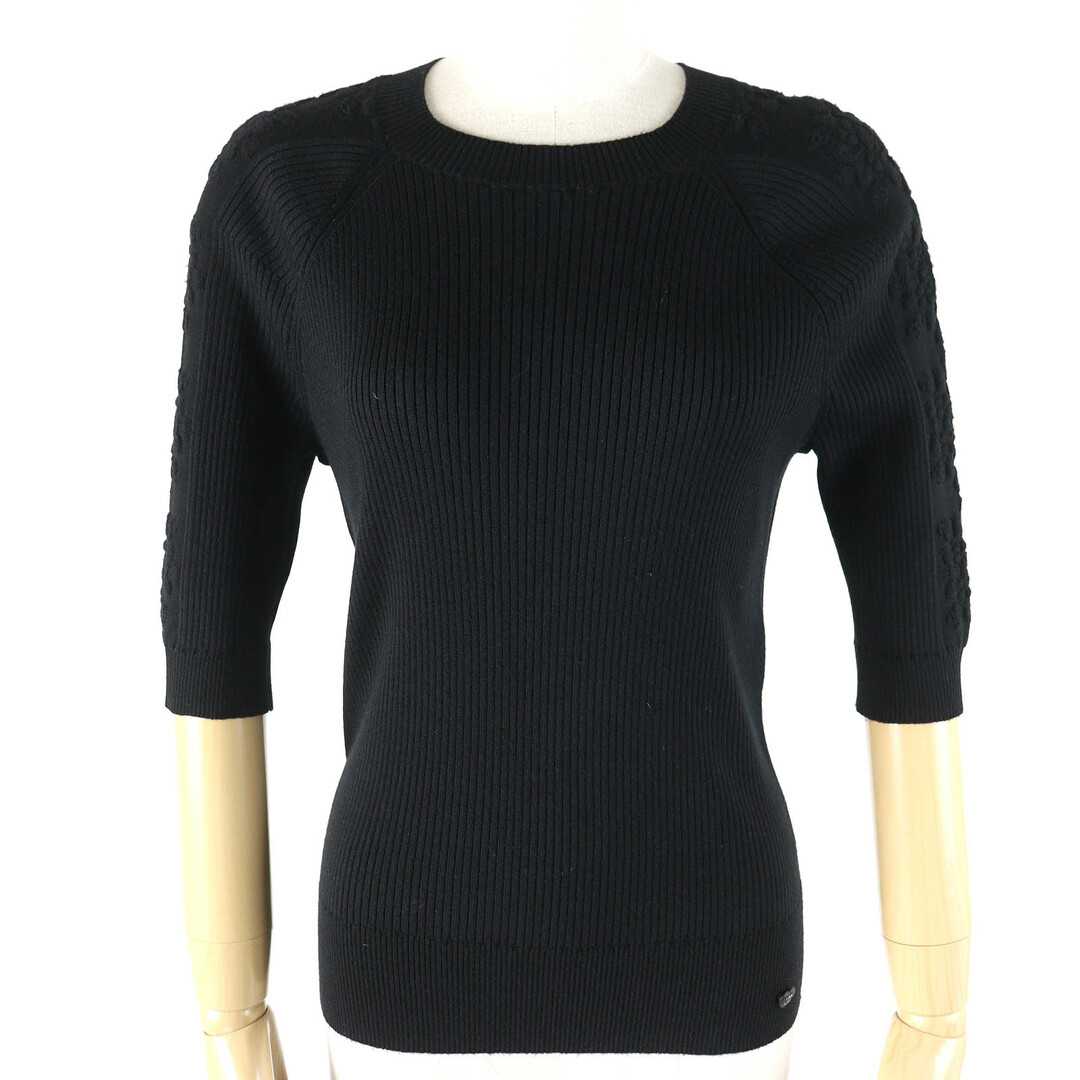 CHANEL - 極美品△CHANEL シャネル P71479 ウール シルク ココマークハートモチーフ 半袖ニット トップス セーター ブラック 42 イタリア製 レディース オススメ◎