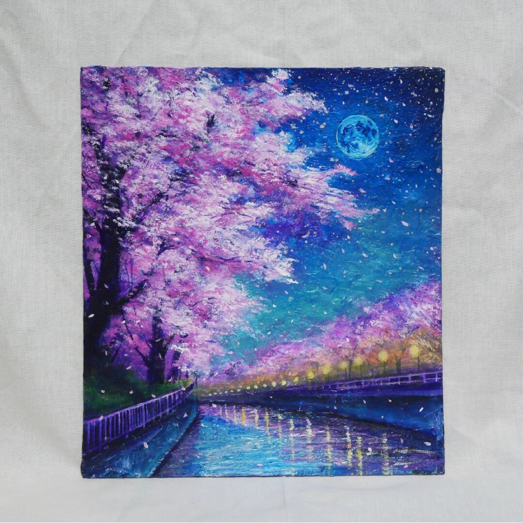 油絵 油彩 油彩画 絵画 絵【青い満月の夜桜】の通販 by アート 油絵 油彩 油彩画 絵画 絵【青い満月の夜桜】の通販 by アート