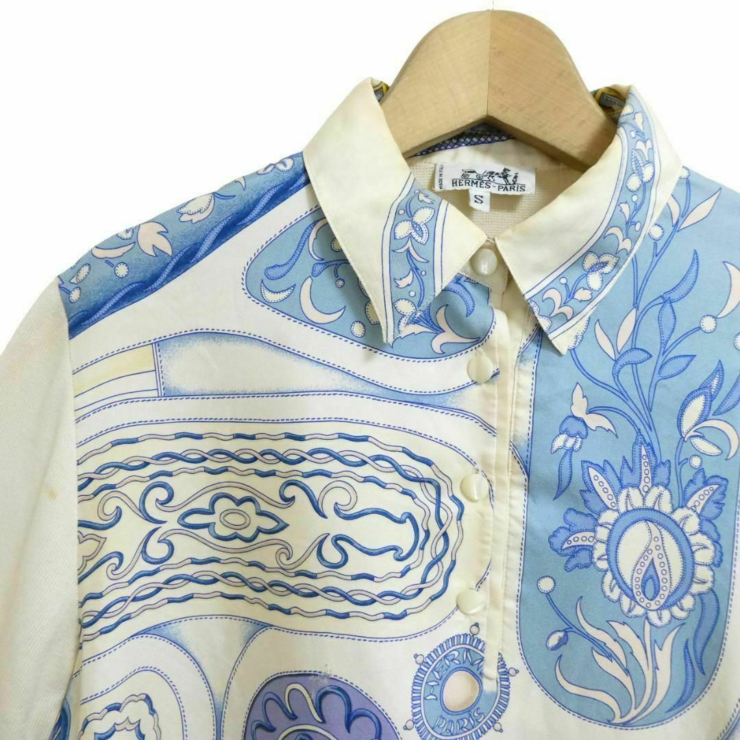 良品 HERMES スカーフ柄 シルク 前後切り替え 半袖 シャツ ブラウス