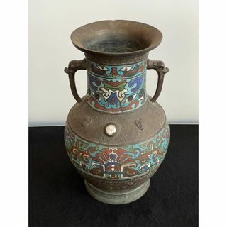 希少 中国 花瓶 壺 美術 古銅 古玩 宝石嵌 翡翠 亀甲文 七宝 双獣耳 龍飾(金属工芸)