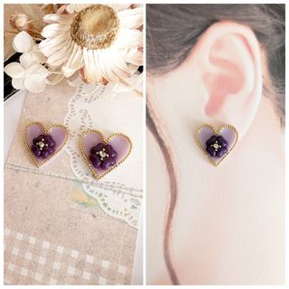 アンティーク風 ハート クローバー ピアス イヤリング ラベンダーパープル(ピアス)