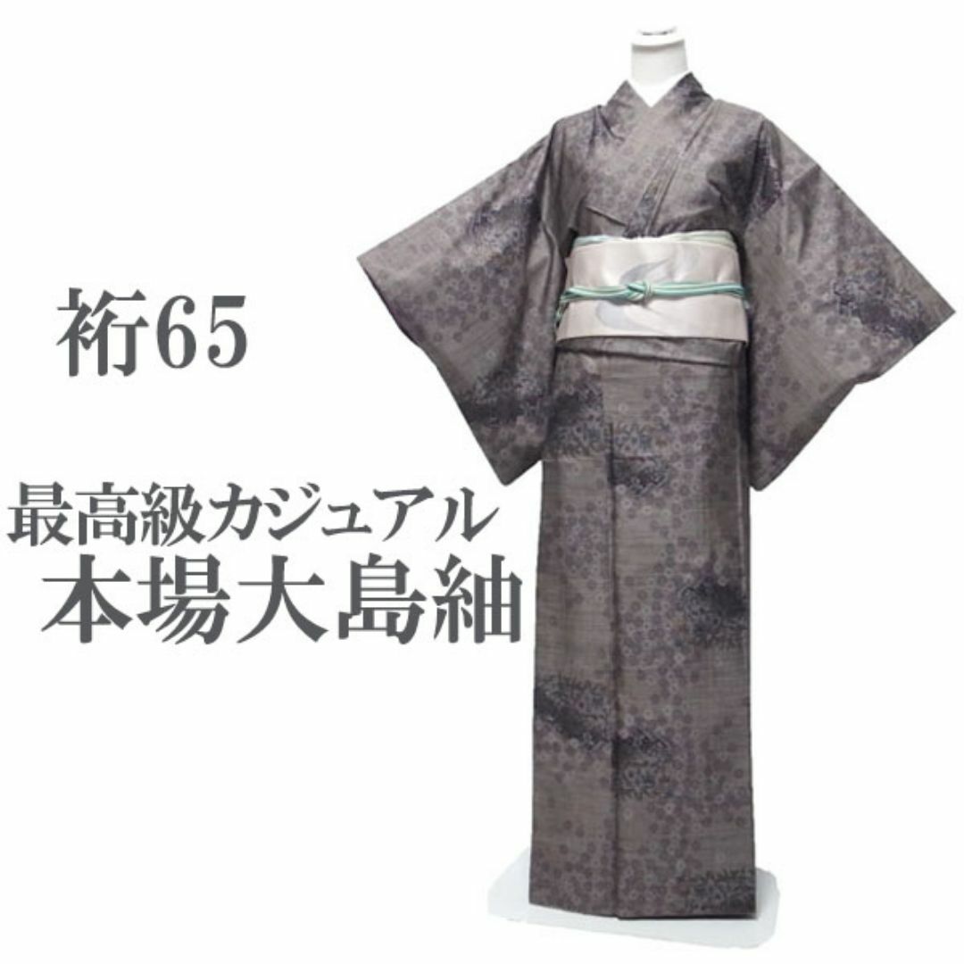 本場大島紬 着物 9マルキ カタス式 泥染 草花 裄65 Ｍ 中古 sn902