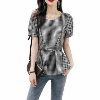 着痩せ❤️トップス レディース ブラウス 2XL 半袖 ギンガムチェック柄(Tシャツ(半袖/袖なし))