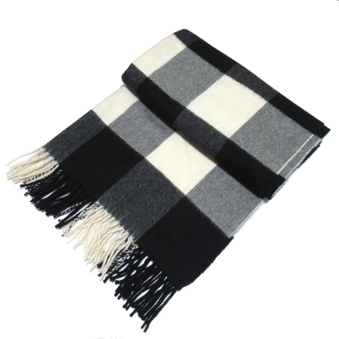 美品 Johnstons of Elgin ジョンストンズオブエルガン チェック柄 カシミヤ100％ 大判 フリンジストール マフラー ブラック×ホワイト レディース 古着 中古 USED