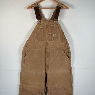 カーハート(carhartt)の古着 00’s/00年代 カーハート Carhartt オーバーオール ダック ワーク ワンポイントロゴ サイドポケット ダブルニー  大きいサイズ w42 L30 キャメル メンズ(サロペット/オーバーオール)