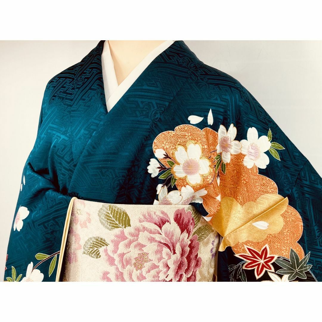 やまと誂製 3点セット 金駒刺繍 振袖 袋帯 襦袢 花柄 正絹 青緑 やまと誂製 3点セット 金駒刺繍 振袖 袋帯 襦袢 花柄 正絹 青緑