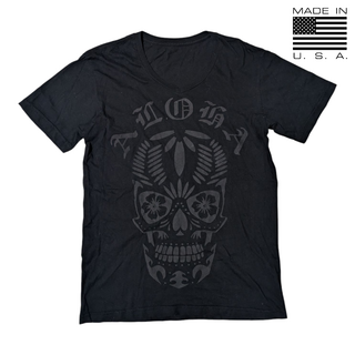 ヴィンテージ(VINTAGE)のVintage ALOHA USA製 ブラック スカル Vネック半袖Ｔシャツ(Tシャツ/カットソー(半袖/袖なし))