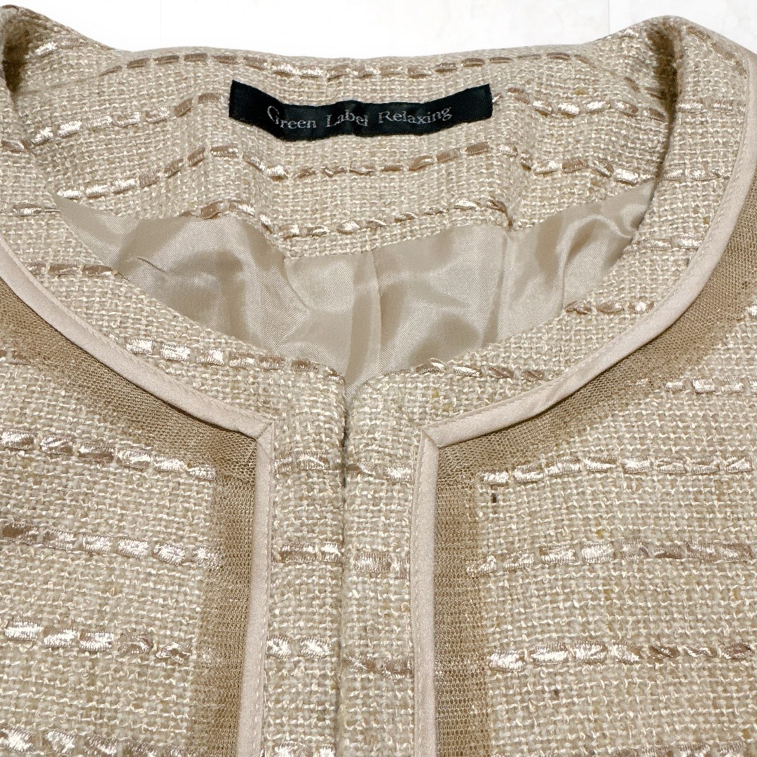 UNITED ARROWS green label relaxing(ユナイテッドアローズグリーンレーベルリラクシング)のグリーンレーベルリラクシング リネン混 ツイード ノーカラー ジャケット 38 レディースのジャケット/アウター(ノーカラージャケット)の商品写真