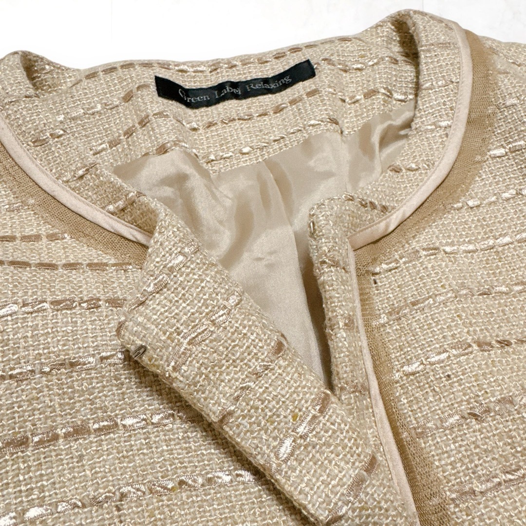 UNITED ARROWS green label relaxing(ユナイテッドアローズグリーンレーベルリラクシング)のグリーンレーベルリラクシング リネン混 ツイード ノーカラー ジャケット 38 レディースのジャケット/アウター(ノーカラージャケット)の商品写真