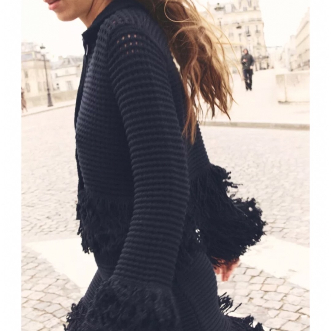 ZARA - ZARA未使用XL フリンジ付きチェック柄ニットジャケット ZARA - ZARA未使用XL フリンジ付きチェック柄ニットジャケット