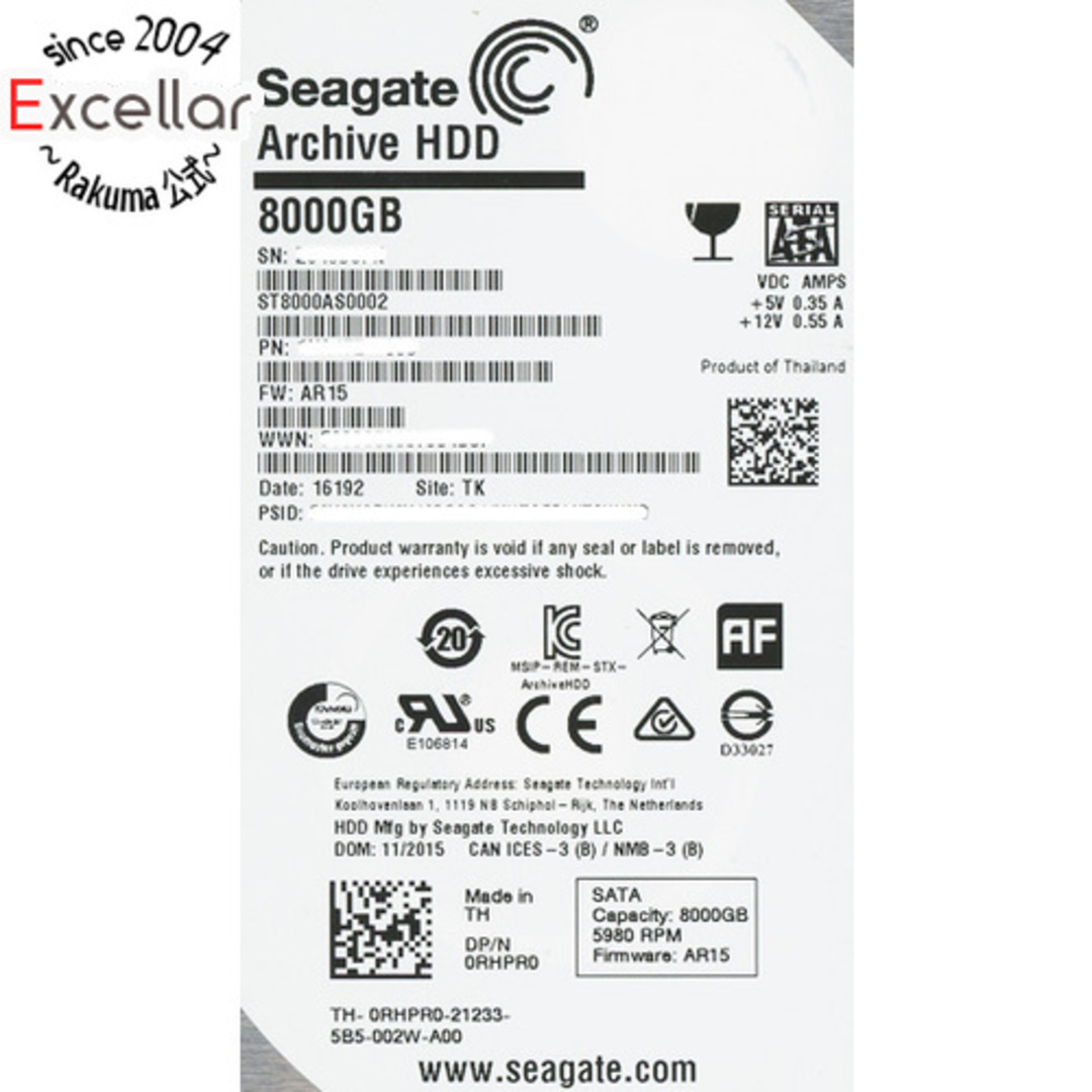 SEAGATE(シーゲイト)のSEAGATE製HDD ST8000AS0002 8TB SATA600 1000~2000時間以内 スマホ/家電/カメラのPC/タブレット(PC周辺機器)の商品写真