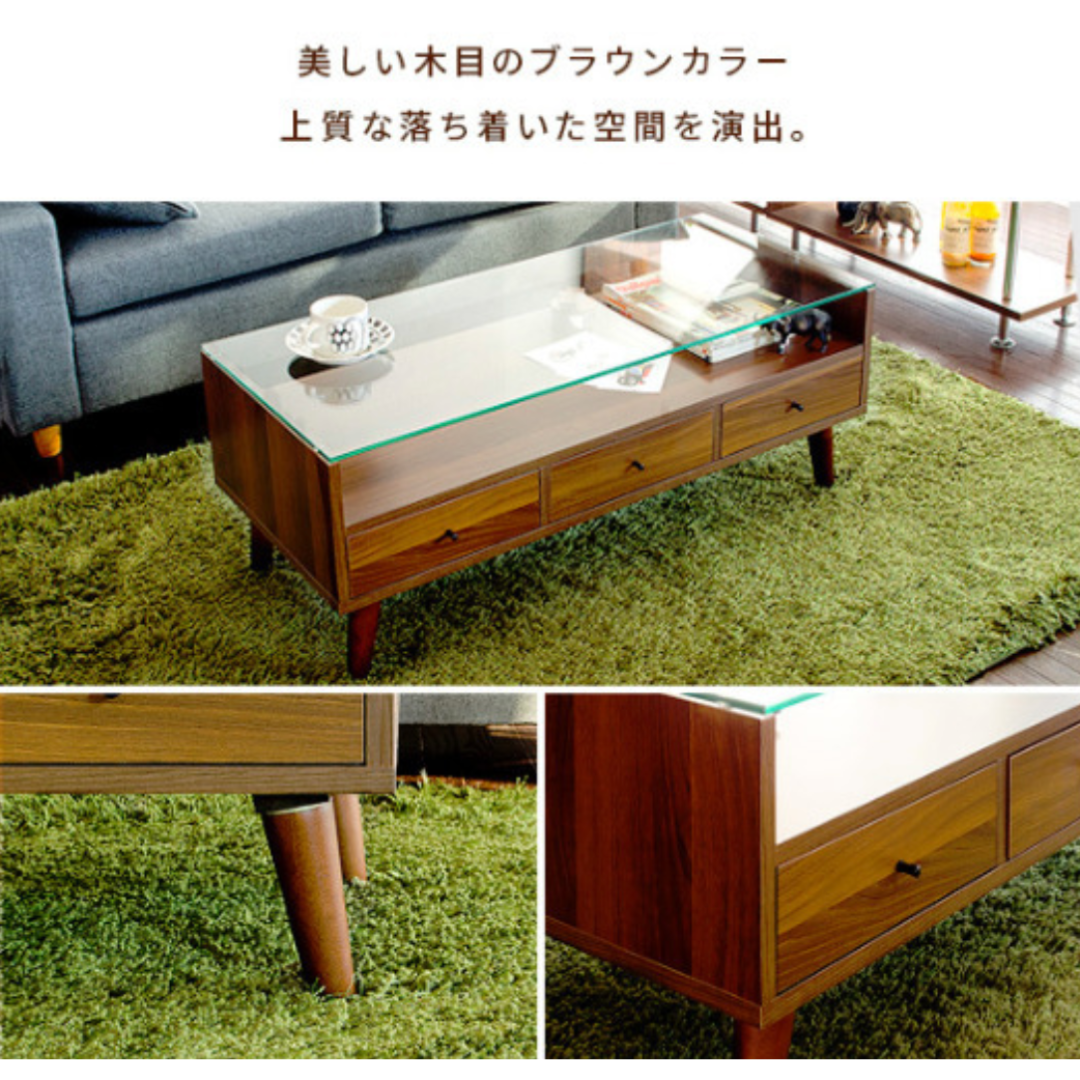 センターテーブル ブラウン　ガラステーブル ローテーブル 北欧 収納 モダン 木