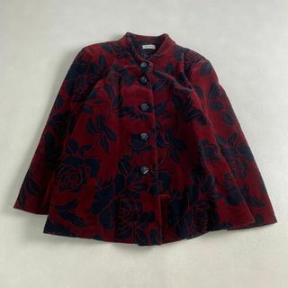ジャケット　ノーカラー　バラ柄　ベロア生地　赤　M L相当(ノーカラージャケット)