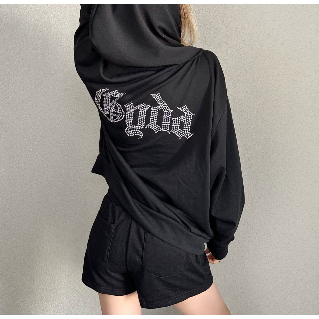 GYDA - 【GYDA】BACK GYDAラインストーンラメパーカー/ショート GYDA - 【GYDA】BACK GYDAラインストーンラメパーカー/ショート
