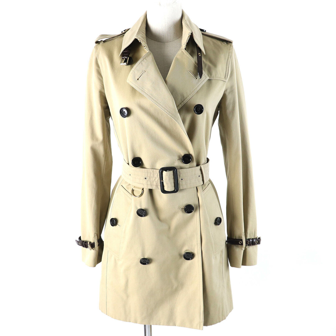 美品△BURBERRY LONDON バーバリーロンドン 3955590 コットン100％ 裏地ノバチェック柄 レザーストラップ ベルト付き ハーフ トレンチコート ベージュ 38 イタリア製 正規品 レディース オススメ◎