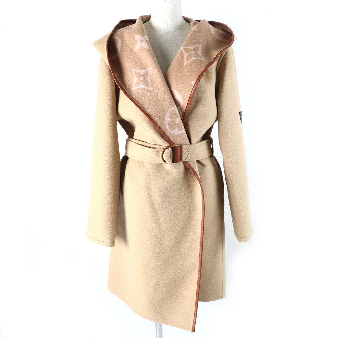 LOUIS VUITTON - 極美品△LOUIS VUITTON ルイヴィトン 22AW ウール シルク ジャイアントモノグラム ベルテッド ダブルフェイス フーデッド ラップコート ベージュ 38 ハンガー・ガーメント付き イタリア製 正規品 レディース 大人気 オススメ◎