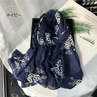 レディース 春夏 薄地 綿 刺繍 花柄 大判 ストール ショール ネイビー(ストール/パシュミナ)