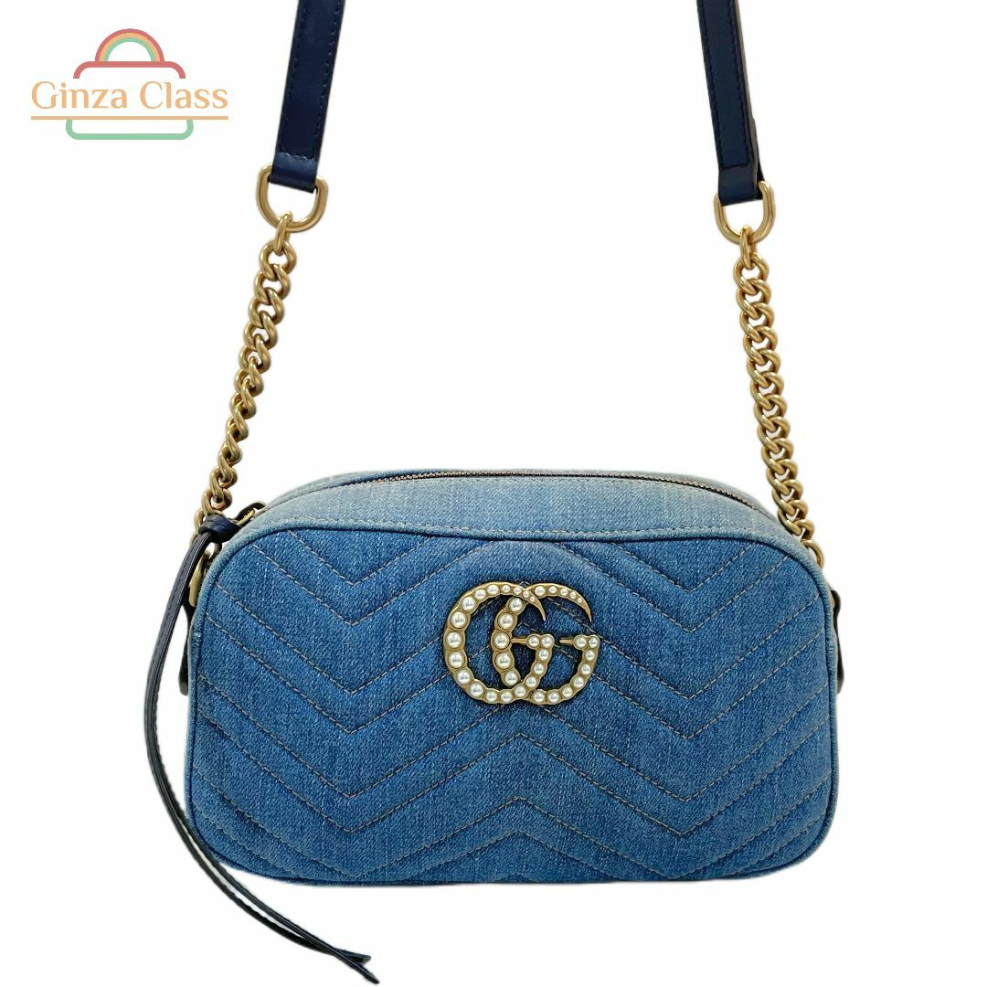 GUCCI - GUCCI グッチ GGマーモント ショルダーバッグ デニム ブルー 447632 486628 カメラバッグ 斜め掛け レデイース フェイクパール ginzaclass