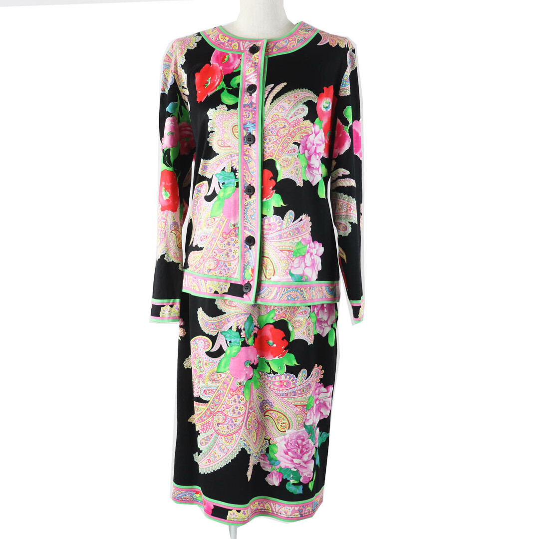 極美品◎LEONARD FASHION レオナール ファッション 0339183 0332102 コットン ペイズリー柄 花柄 プリント カーディガン／スカート セットアップ マルチ ブラック M・70 日本製 正規品 レディース