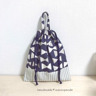 大きめリボンネイビー 体操着袋(内側ネームタグ付き)(外出用品)