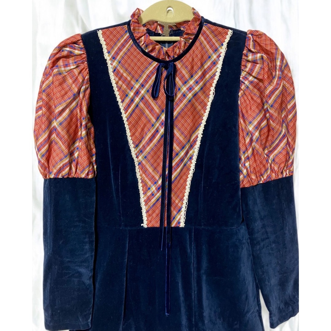Lochie(ロキエ)のvintage ベルベットドレス ワンピース 別珍 チェック パフスリーブ レディースのワンピース(ロングワンピース/マキシワンピース)の商品写真