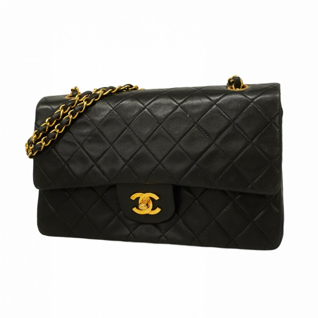 CHANEL - ★SALE【5cb1231】シャネル ショルダーバッグ マトラッセ Wフラップ Wチェーン ラムスキン ブラック ゴールド金具【中古】レディース