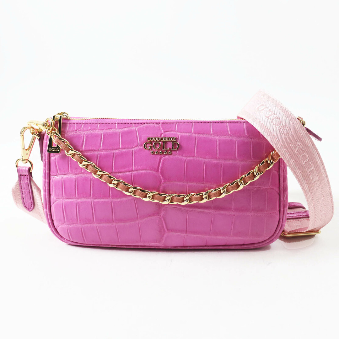 極美品◎COCOCELUX GOLD ココセリュクス ゴールド 103AB0378 JRAタグ・プレート付き 2WAY クロコダイル ハンド／ショルダーバッグ ピンク ゴールド金具 箱・保存袋付き 日本製
