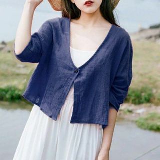 ボレロ 夏 カーディガン 前開き 綿 無地 シンプル Vネック 薄手 ネイビー(カーディガン)