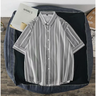 【XXL】ビッグシルエット ストライプ 半袖シャツ 　グレー(シャツ)