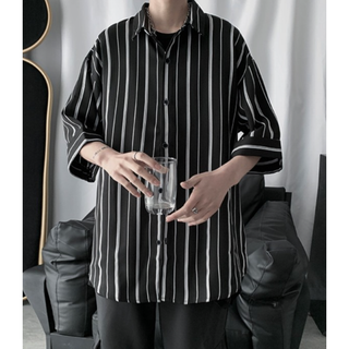【XXL】ビッグシルエット ストライプ 半袖 シャツ ブラック(シャツ)